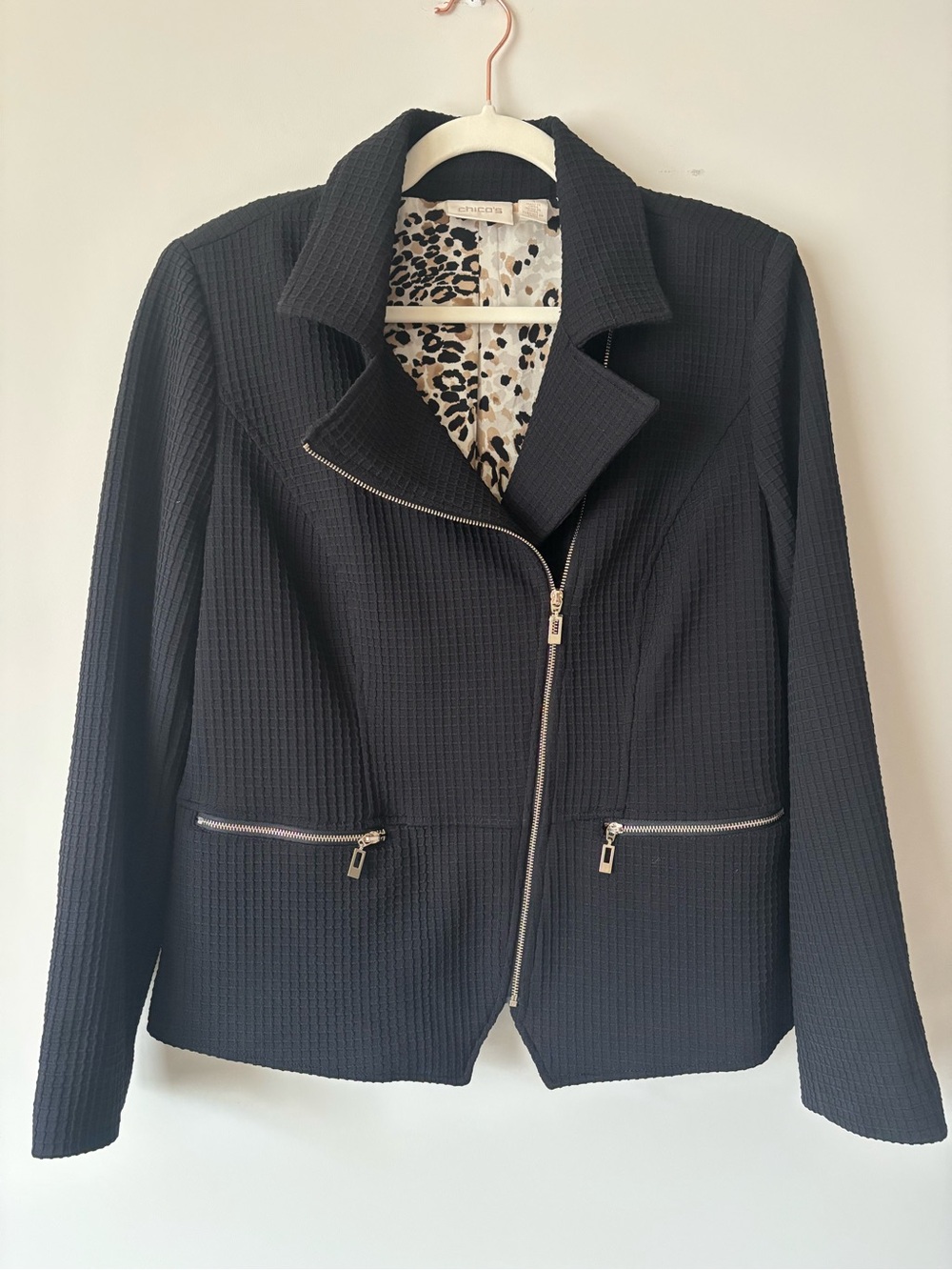 Chico's Black Textured Asymmetrical Zip Blazer